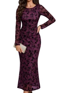 Women's Long-Sleeve burgundy Lace-Overlay Maxi Dress.